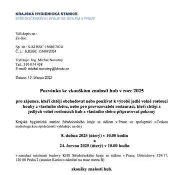  Pozvánka ke zkouškám znalosti hub v roce 2025