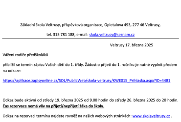 ZŠ Veltrusy - rezervace zápisu