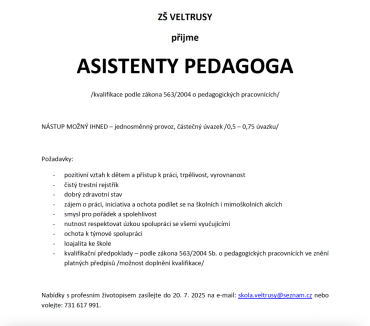 ZŠ Veltrusy přijme asistenty pedagoga