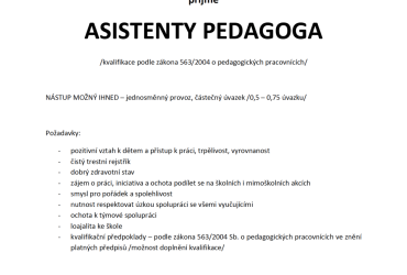 ZŠ Veltrusy přijme asistenty pedagoga