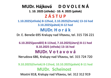 MUDr. Hájková - dovolená 