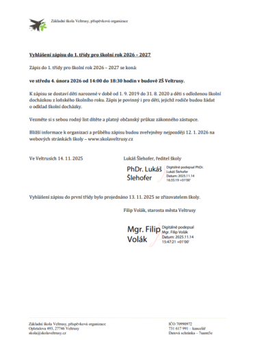 Zápis do ZŠ Veltrusy