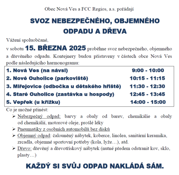 Svoz dřeva, velkoobjemového a nebezpečného odpadu